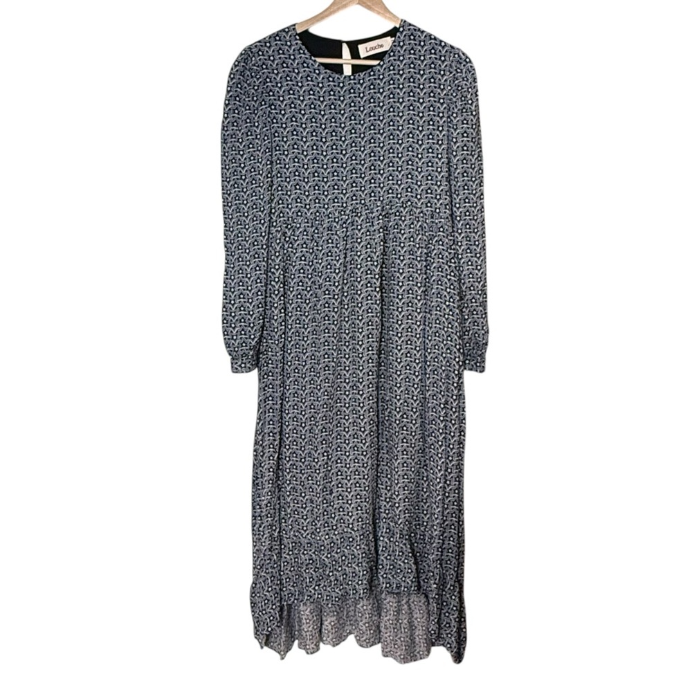 Louche Kenny Geometric Star Puff Sleeve Midi Dress Size 6 Blue Black Ruffle Boho